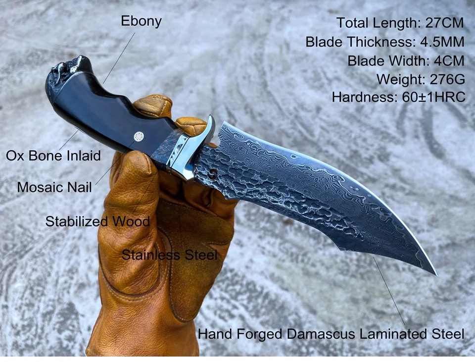 Outdoor EDC Camping Survival Tool Self Defence Knife Handmade Damascus Steel Fixed Blade Hunting Knives with Ebony Wood Handle