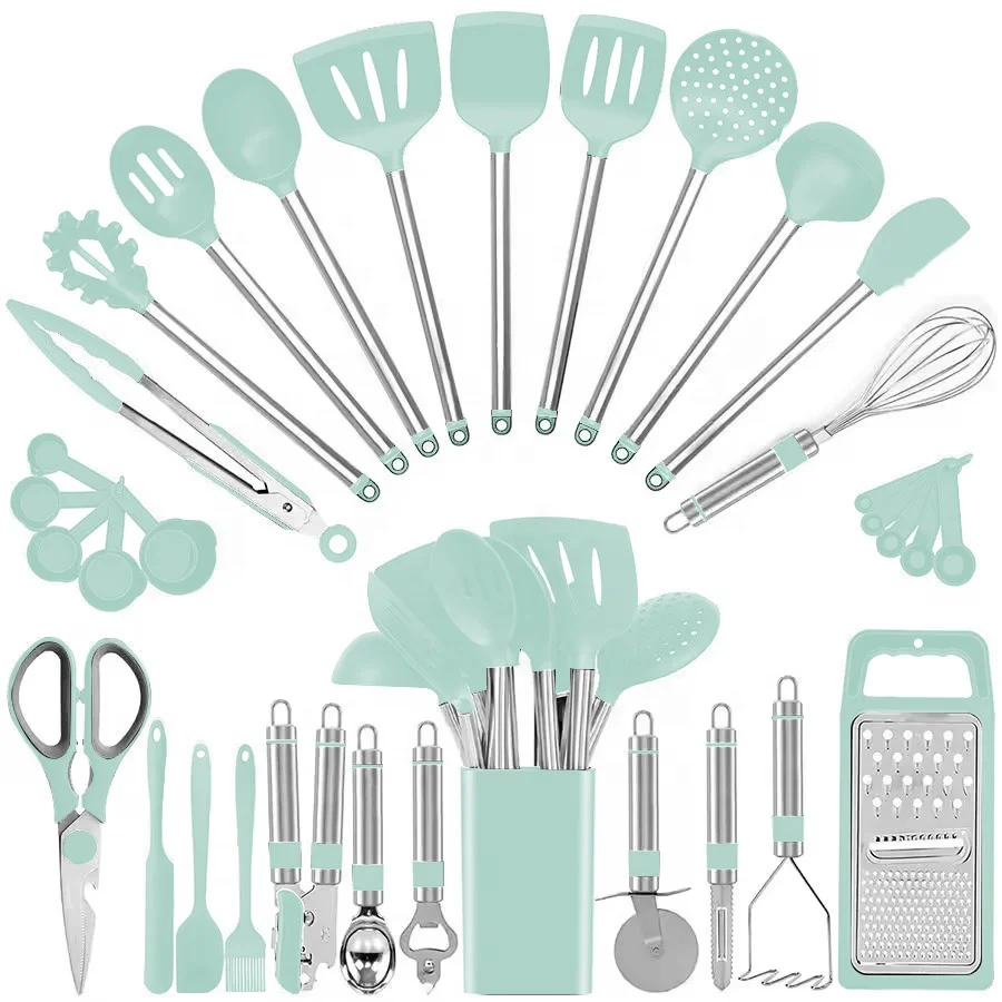 TOALLWIN kitchen tools gadget accessories silicone kitchen cooking utensils set stainless steel kitchen utensils set with  stand