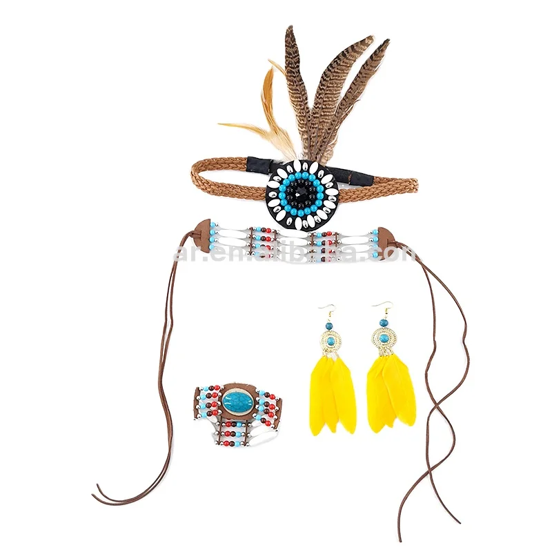 Hot Sale Custom Holiday Accessories Indian Feather Wood Beads Headdress Earrings Necklaces Bracelets Jewelry Set