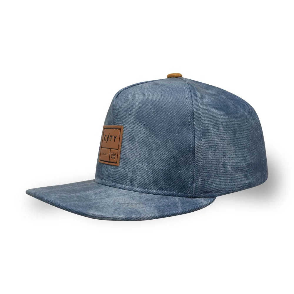 Hot sale denim PU leather patch embroidery snapback cap flat bill outdoor street cap