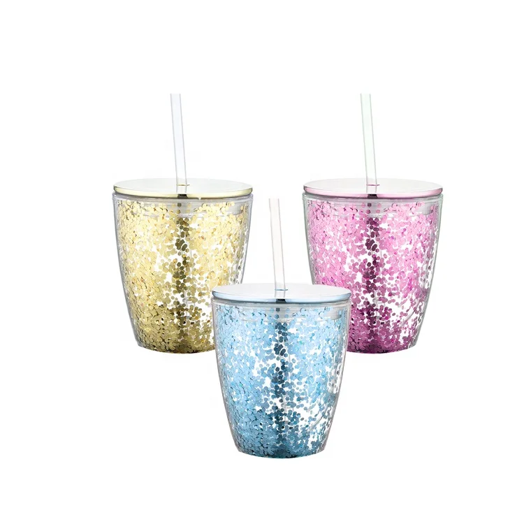 12 oz Double Wall Plastic Stemless Wine Tumbler Glasses,Wine Acrylic Tumbler Glitter bubble tea Tumbler With Straw