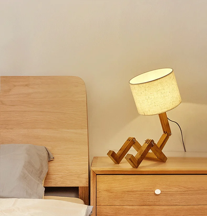 Solid wood humanoid lamp creative Nordic fashion style study bedroom bedside desk light wood robot folding LED table lamp