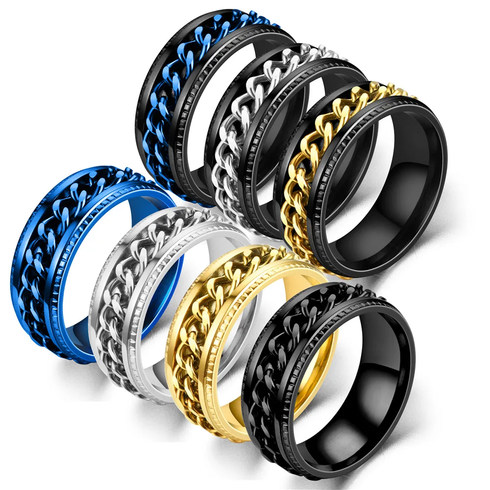 New Fidget Anxiety Finger Jewelry Chunky Intertwine Rotatable Cuban Link Chain Viking Ring Women Mens Stainless Steel Rings
