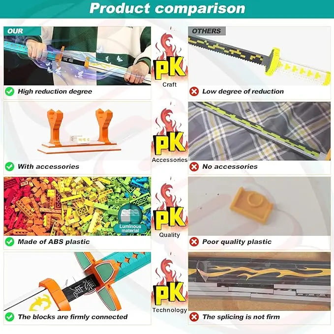 Demon slayer sword building block set, with scabbard and bracket, Cosplay animation sword building toy set, with luminous.