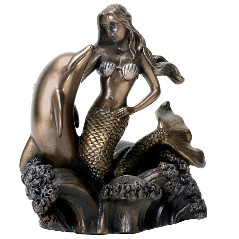 Mermaid with Dolphin Bronze Statue Metal Colored Ocean Figurine Decoration Display