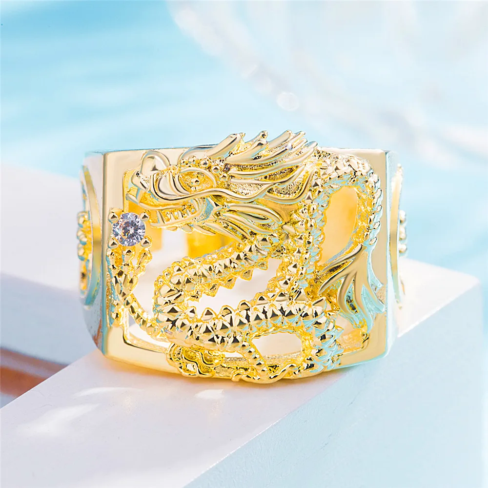 Dubai Gold Rings Chinese Dragon 24k Gold Plated Rings for Mens Jewelry