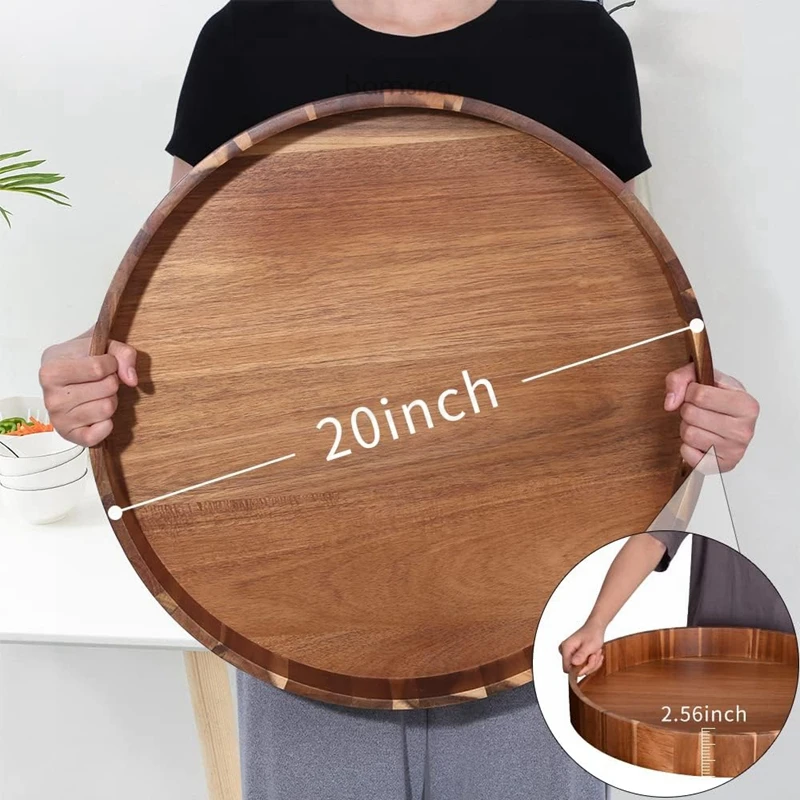 Decorative Round Shape Snack Breakfast Coffee Table Home Wooden Serving Tray with Handles