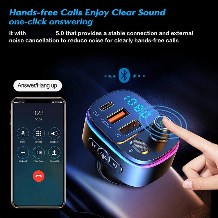  T65 Wireless -Compatible FM Transmitter for Car QC3.0 Type-C PD Fast Charger Radio Adapter Kit with