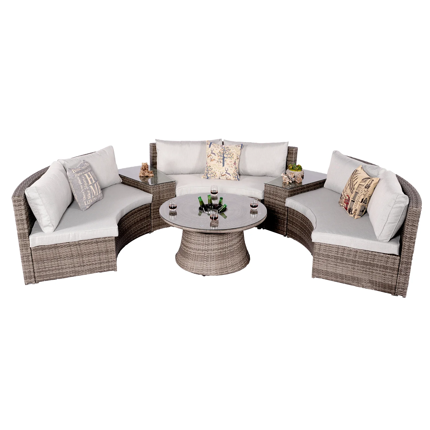 Outdoor flexible combination of aluminum rattan sofa includes double sofa and two side tables and a table