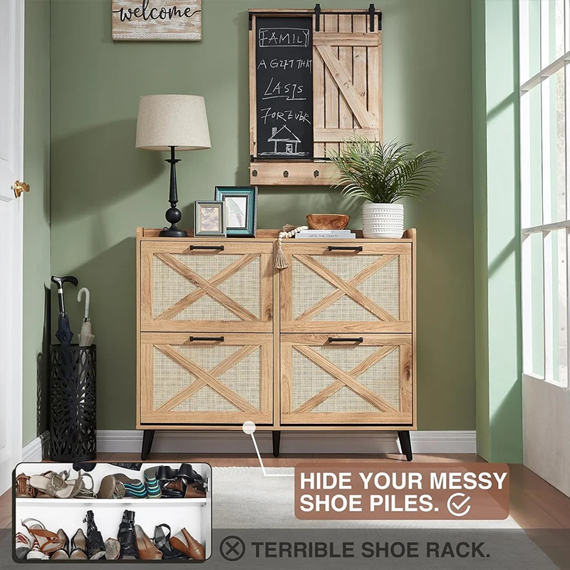 White Rattan Shoe Cabinet Rack MDF Wood Home Living Room Furniture with MDF Style for Kitchen Use