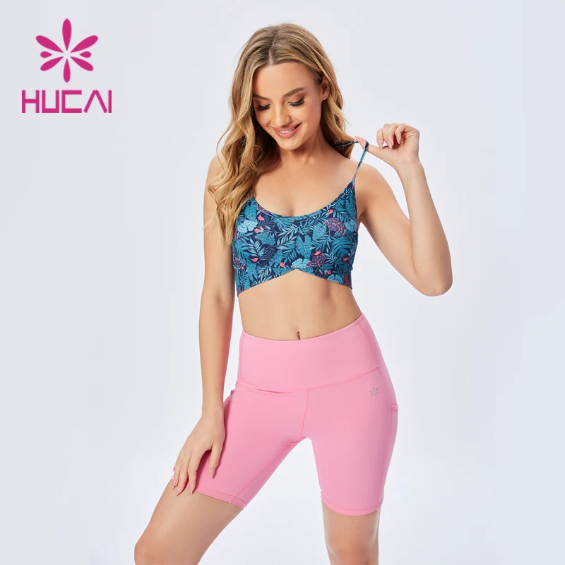 custom 2022 hot sell manufacture 2 pieces sublimation print pattern bra and yoga biker shorts set