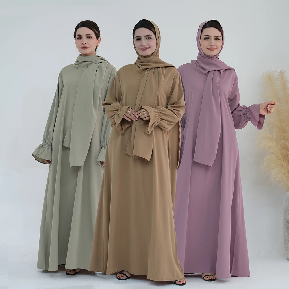Modest Muslim Women One Piece Prayer Hijab Dress Solid Color Plus Size Trumpet Sleeves Ramadan eid Jilbab Abaya Muslim Dress