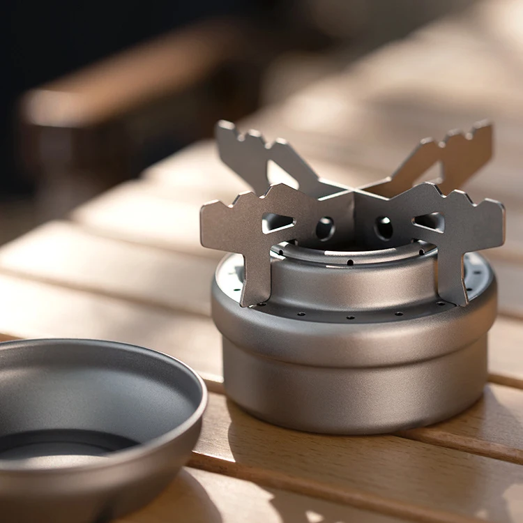 Camping Stove Mini Burner Adaptor Outdoor Hiking Picnic Ultralight Cooking Stove with Lid Titanium Alcohol Stove with Rack