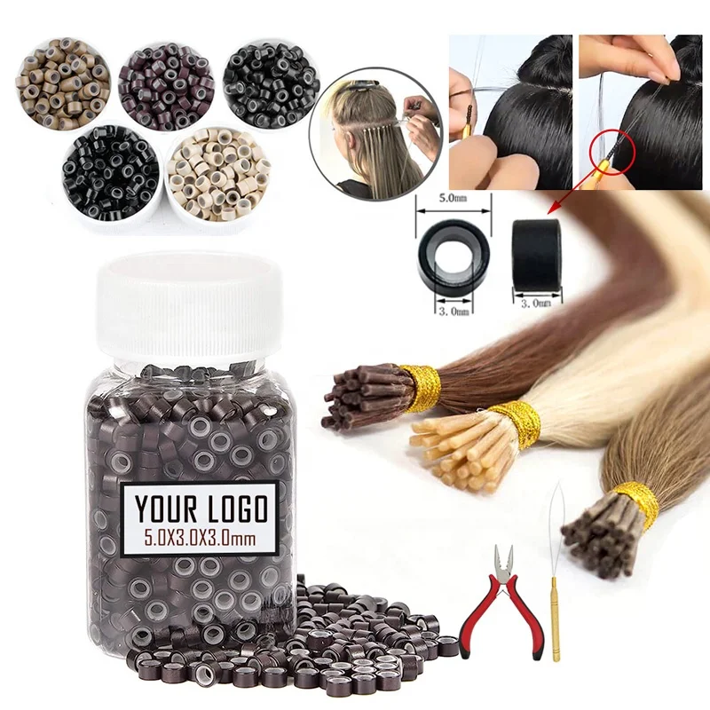 Private label 5.0*3.0*3.0mm Silicone Lined Micro Link Ring Aluminium silicone lined Micro Beads For Hair Extensions