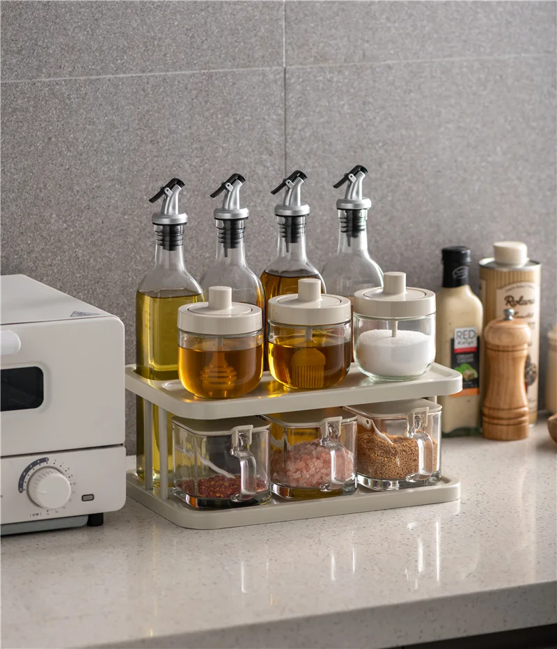 Pinmoo glass oil bottle dispenser set with plastic stand for kitchen glass olive bottle spice jar set oil and vinegar bottle
