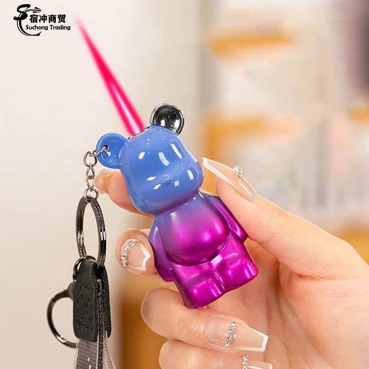 Cool Cartoon Butane Red Flame Cute Bear Windproof Torch Cigarette Lighter With Keychain