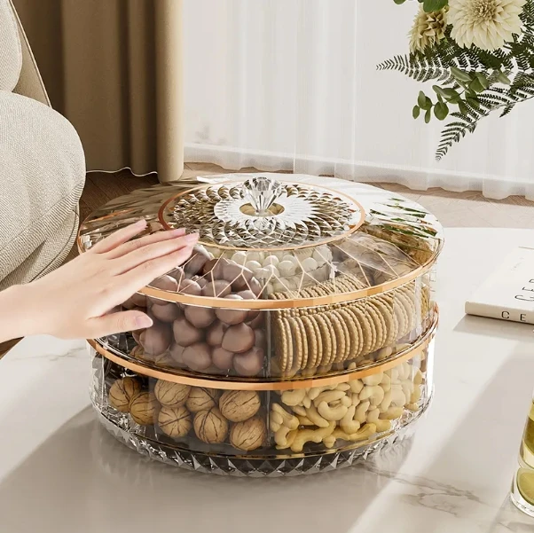 Round rotating snack tray with lid clear plastic storage box dividers dry fruit serving tray
