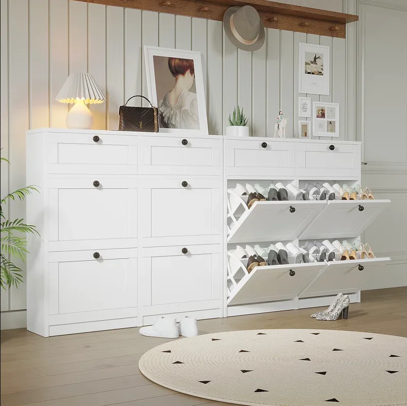 Flip-Top Design 24 Pair Shoe Storage Cabinet With Drawers Entryway Shoes Organizer Innovative Adaptable Shoe Cabinets