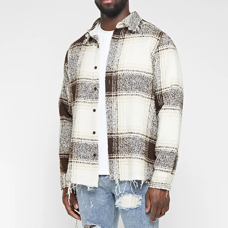 Custom Wholesale Beige Distressed Textured Check Flannel Shirts