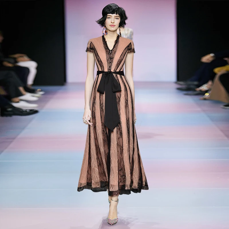 
V Neck Short Sleeve Contrast Color Perspective Lace Stitching Lace Up Waist Elegant Long Dress 