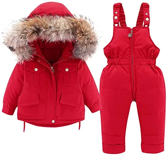 Kids Snowsuit Winter Hooded Down Jacket  Snow Bib Pants 2PCS Baby Girls Lightweight Fashionable Ski Suit for Toddler 1-4 Years