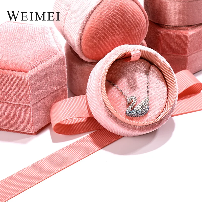 WEIMEI Manufacturer creative high-end wedding jewellery box round korea velvet ring box hexagonal velvet jewelry box with bag