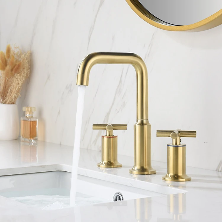 Deck Mounted Brushed Gold 3 Holes Double Corss Handle High-Arc Widespread Bathroom Split Basin Sink Faucet