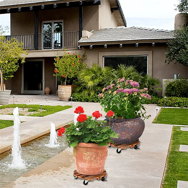 Wholesale Round Tray Wood Movable Wheel Flowerpot Base plant stand for Vase for garden