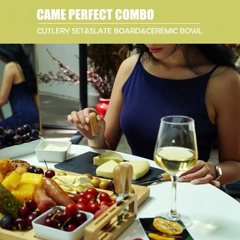 Natural 4 Knives Slate Stone Cutting Boards Platter 3 Ceramic Bowls Knives Set Bamboo Cheese Board