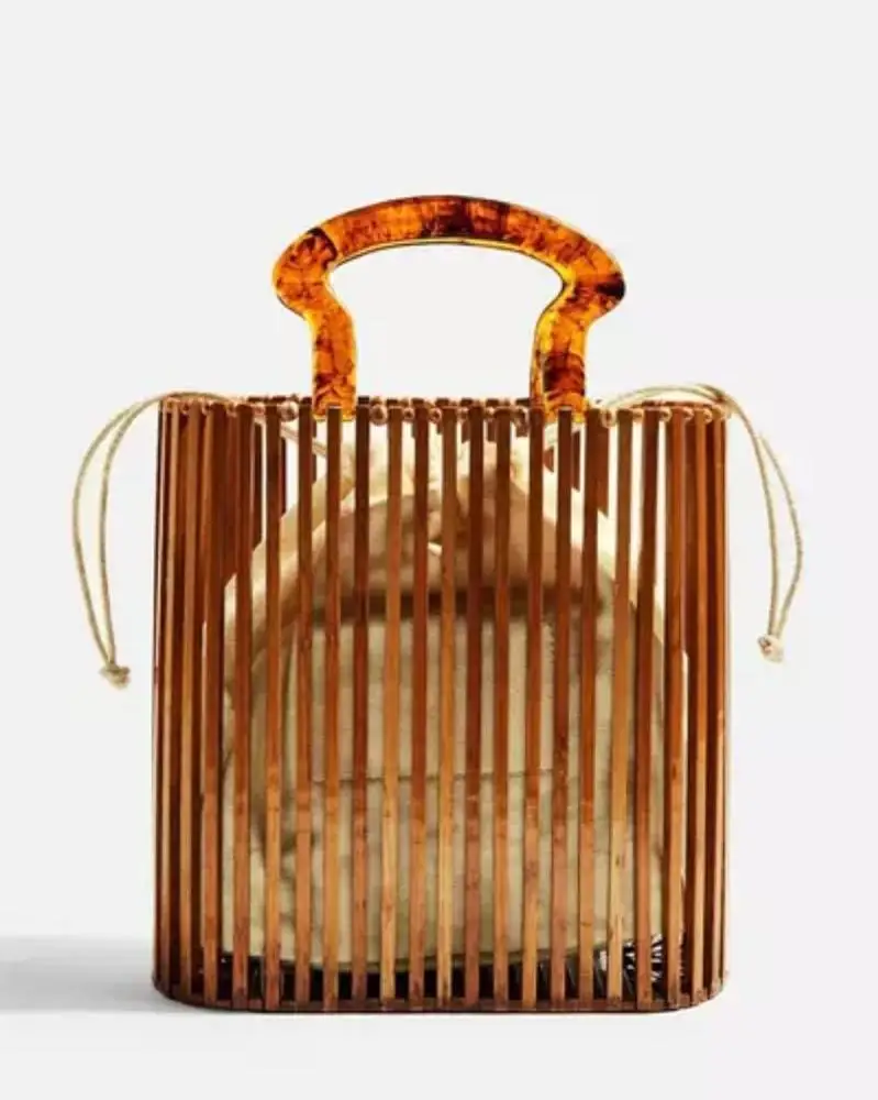 Natural Bamboo Clutch Bag Straw Woven Round Handbag For Women Hollow Out Bamboo Basket Bag Round Handbag For Women Hollow Out