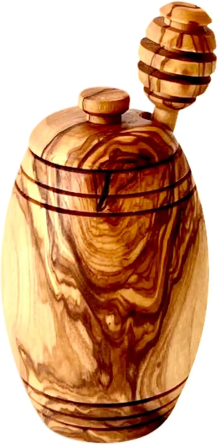 Choixe. Olive Wood Honey Pot with Honey Dipper. Authentic Mediterranean Olive Wood. Handcrafted