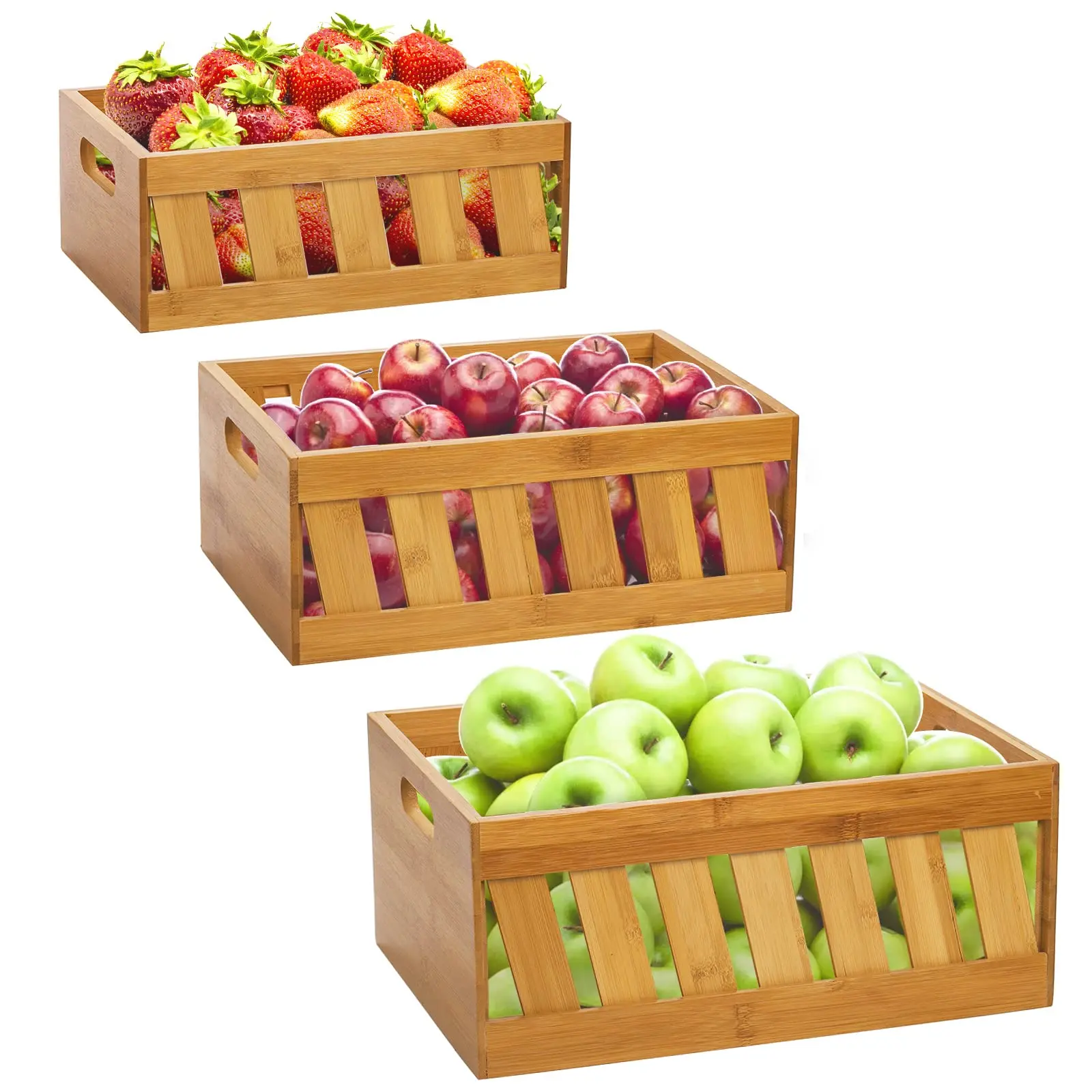 Set of 3 Bamboo Nesting Storage Crates, Rustic Decorative Wooden Crates Storage Container with Handle, Farmhouse Style Wood Box