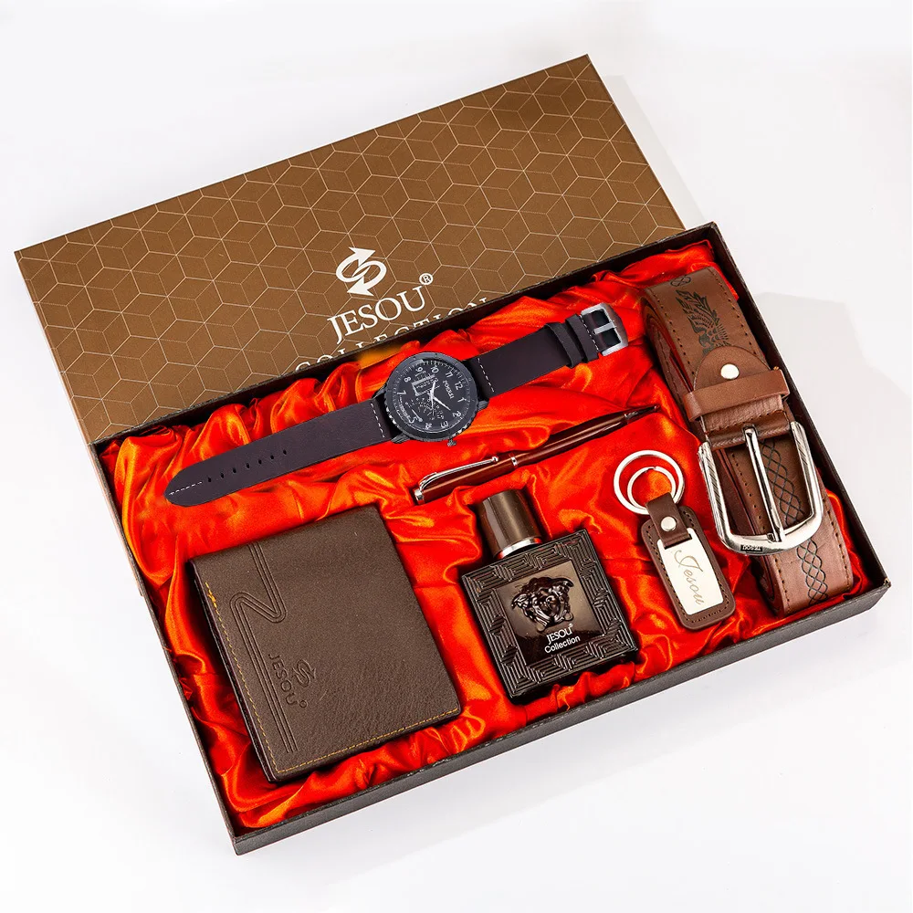 Boutique gift box package+belt+wallet+pen+perfume+key chain+large dial quartz watch is a gift for men