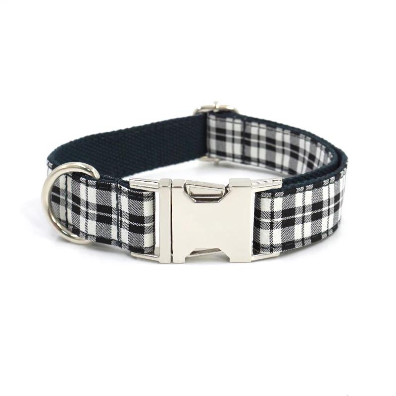 Classic black white check design luxury designer pet collar and leash dog gps tracking engraved personalized buckle pet collar