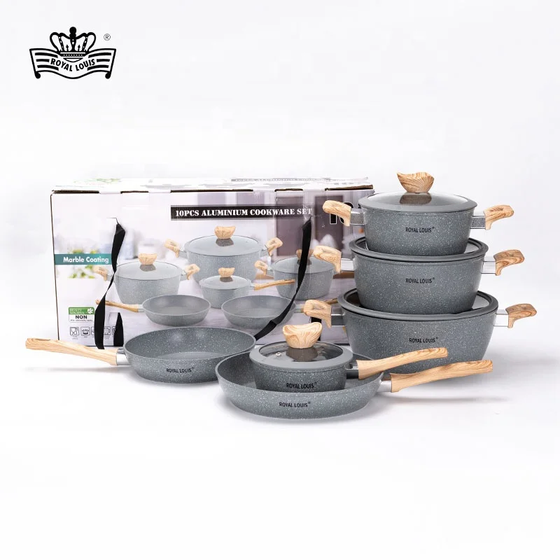 10PCS aluminum suit pot medical stone coating with wood grain handle induction cooker kitchen utensils cookware sets