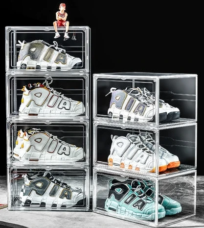 Spring Sign Transparent Acrylic Shoe Storage Box with Pull Out Drawers PMMA Clear Shoes Nike Box Front Display