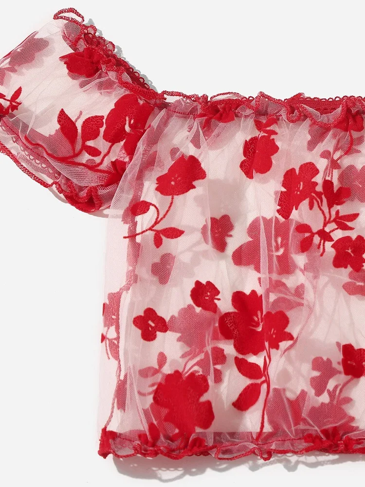 Fashion Nice little underwear Girl With short sleeves Dew shoulder Net yarn print transparent wholesale Nice little underwear