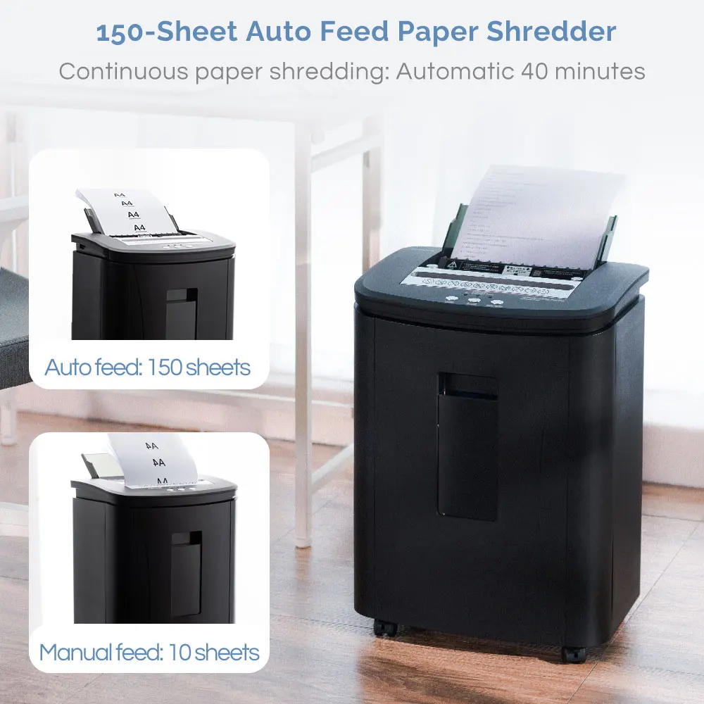 Auto Feed Paper Shredder 150 Sheet Micro Cut Document & Credit Card Quiet Commercial Heavy Duty Shredder with 25L Pull-out Bin