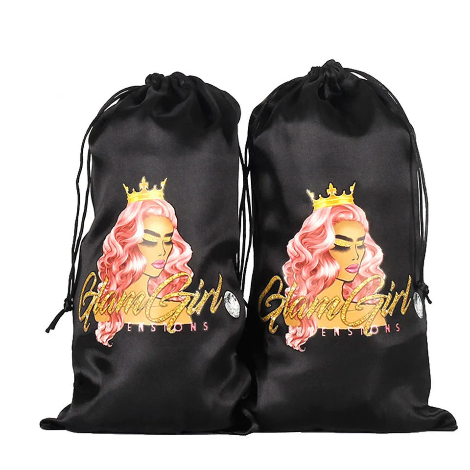 Custom Logo  Wig Bags Hair Bundles Satin Pink Bag Packaging  Drawstring Silk Satin Bag for Wigs