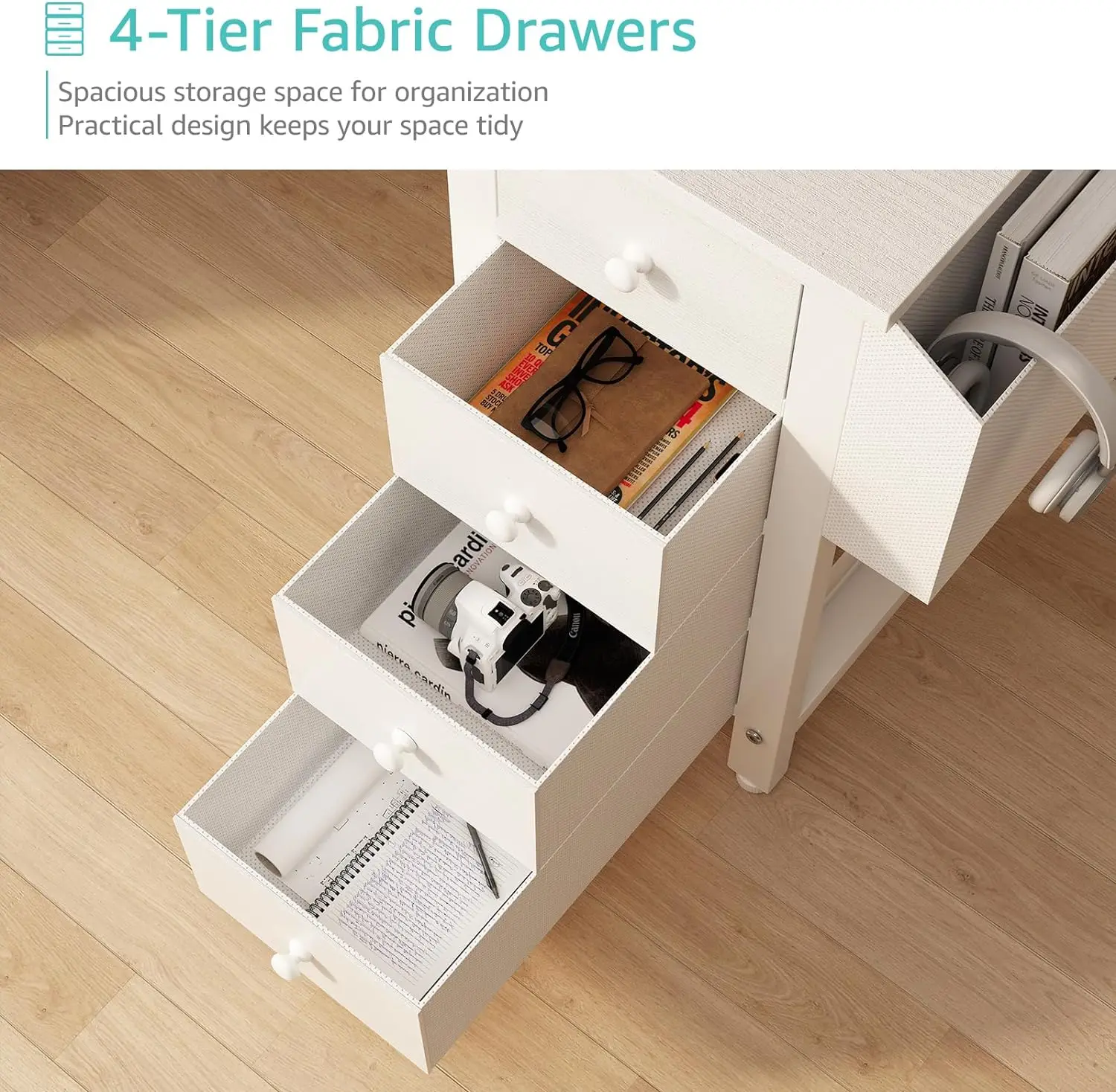 Home Office Power Outlet L Shaped Computer Corner PC Desk with Fabric Drawer