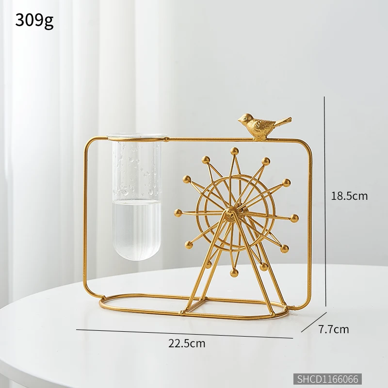 Nordic Iron Golden Glass Tube Flower Vase Hydroponic Plant Flower Pots Decorative Vases Home Decor