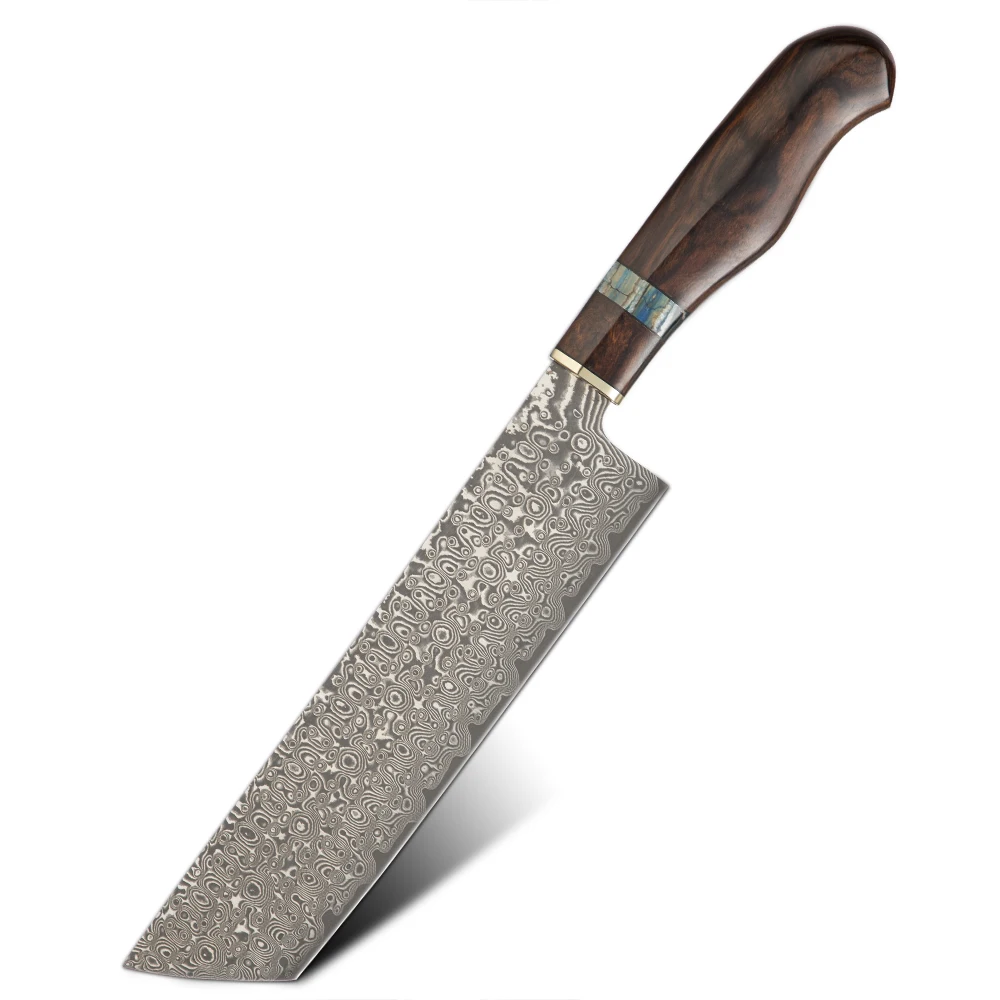 Damascus Knife Nakiri 8 inch Cleaver 67 Layers VG10 Clad Steel Kitchen Knife Brass Mammoth Teeth Inlayed Desert Ironwood