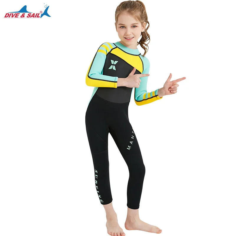 OEM Kids wet suit Girls  Full girls  Long Sleeve Child Scuba Surf One-Piece Sun Protection 2.5mm wetsuit for Water Sport
