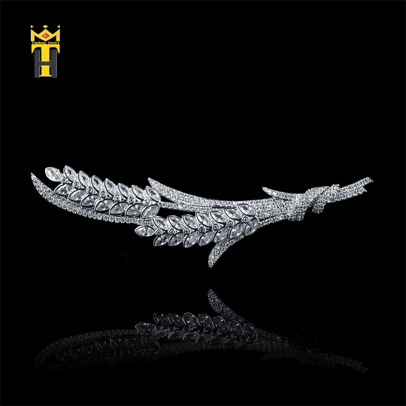Fashion jewelry ear wheat feather brooch gift women zircon silver brooch luxury women