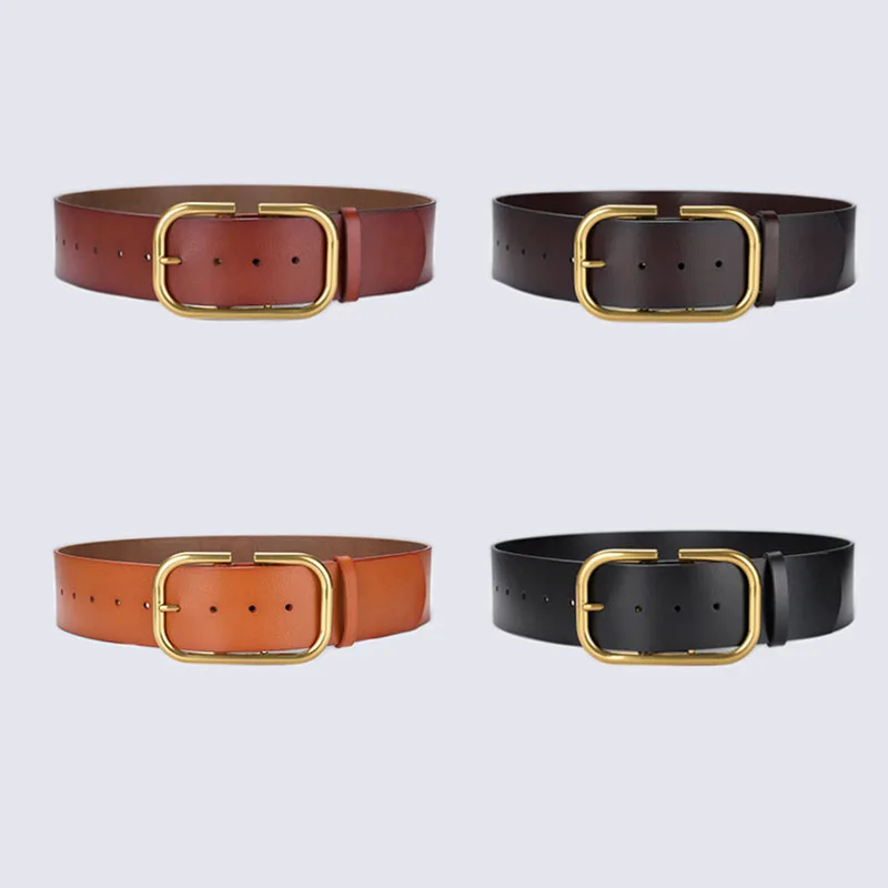Vintage Wide Leather Belts For Women Big Gold Alloy Pin Buckle Genuine Cowhide Belt