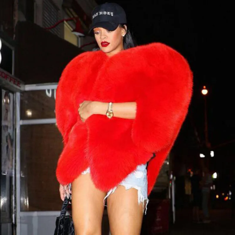 Red Heart fur  Lady Little Wild Cat High end Korean version Slim  Thickened Fur One Piece Coat Female Faux Fur Plush Winter Girl