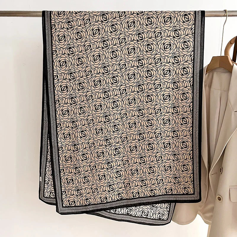 Euro Luxury Brand Design Silk Scarf for Women Logo Viscose Cotton Wool Head Hijab Muslim 70*180cm Camellia Flower Printed Shawls