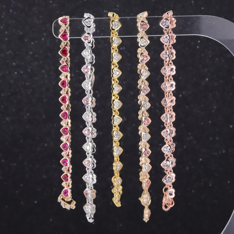 Starsgem S925 9k 10k 14k heart shape bracelet gemstone chain cheap moissanite jewelry
