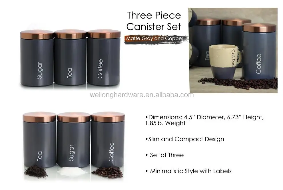 Set of 3 Metal Kitchen Storage Canisters Stainless Steel Lid Jars for Storage of Tea Coffee and Sugar