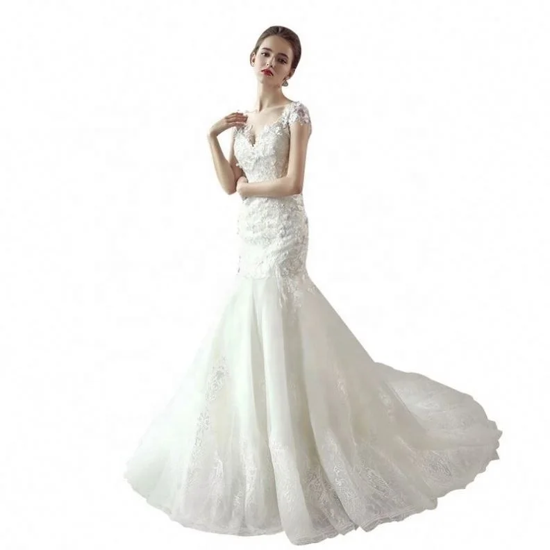 
High Quality New Fashion Lace V Neck Floor Length Bride Fishtail White Wedding Dress 2020 